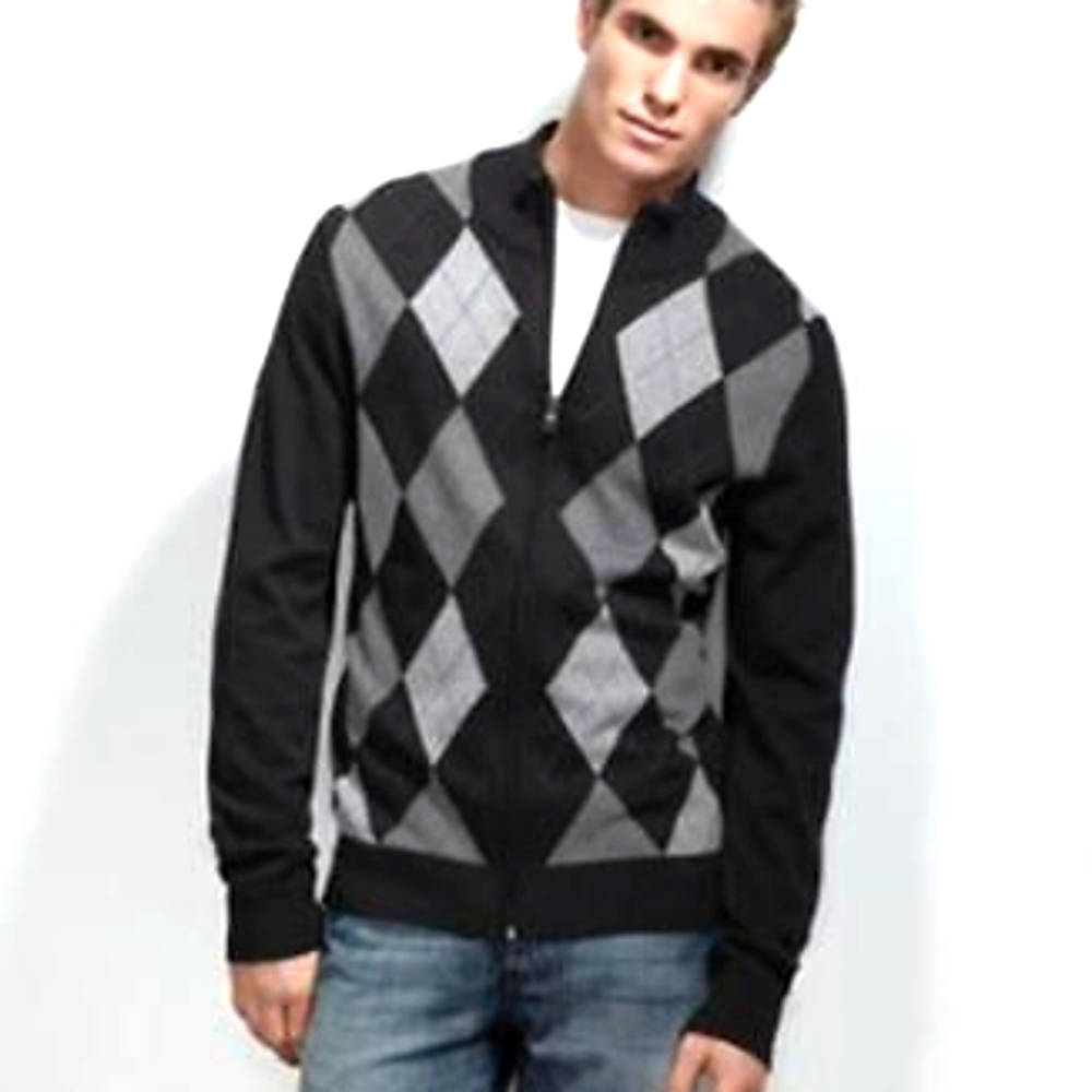 Michael Kors argyle style full zipper 100% Merino Wool men's sweater, sz L